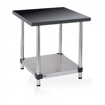 Stationary Stainless Lab Table With Black Phenolic Top and Lower Solid Shelf