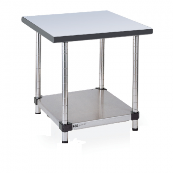 Stationary Stainless Lab Table With Gray Phenolic Top And Lower Solid Shelf